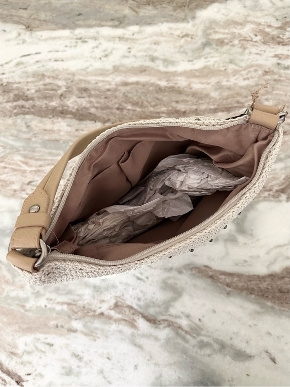 The Sak Sequoia Cream & Tan Crochet Leather Hobo Shoulder Bag with Bag Charm - Picture 15 of 17